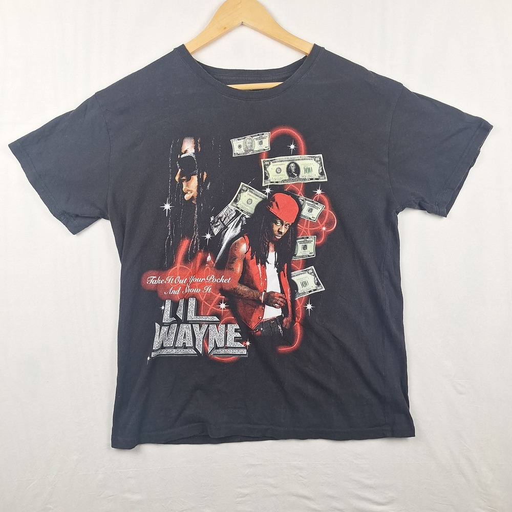 Lil Wayne Graphic T-Shirt Y2K Rap Tee Money Graphic Black Large 100% Cotton